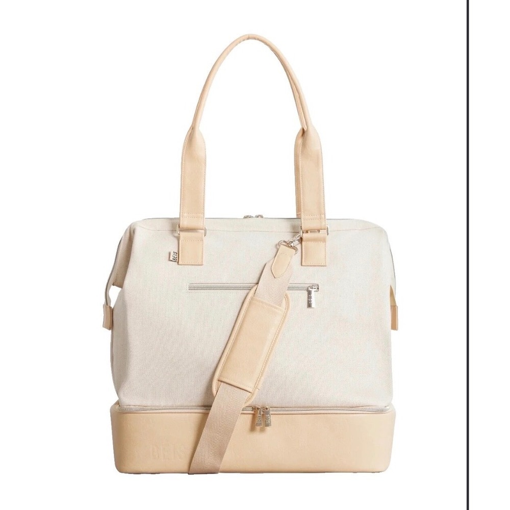 BEIS The Weekender Bag Beige Canvas Travel Tote with Shoe Compartment